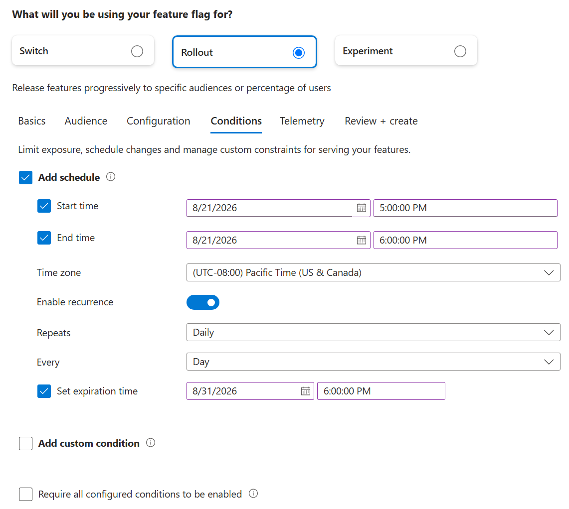 Screenshot of the Azure portal Edit feature flag dialog with Rollout selected, showing the Conditions tab with a recurring schedule configured, including Start time, End time, Enable recurrence, Repeats, Every, and Set expiration time fields.