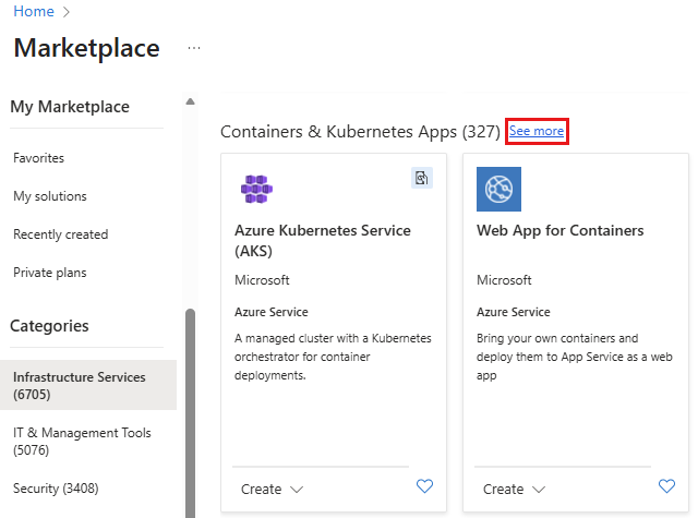 Screenshot showing the See more link for the Containers category in Microsoft Marketplace.