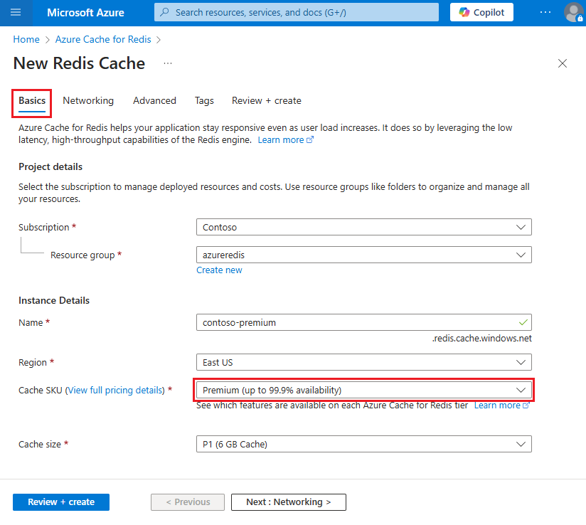 Screenshot that shows a form to create an Azure Cache for Redis resource.