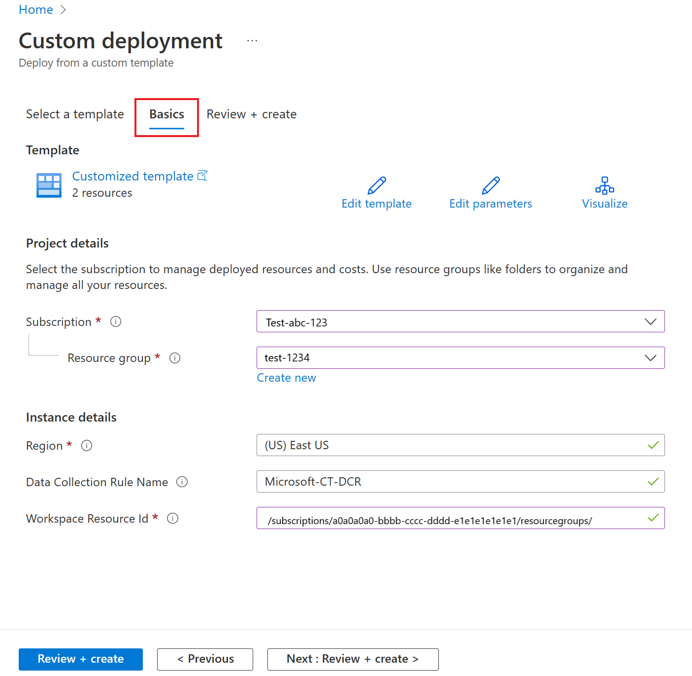 Screenshot that shows entering subscription and resource group details to deploy the DCR.