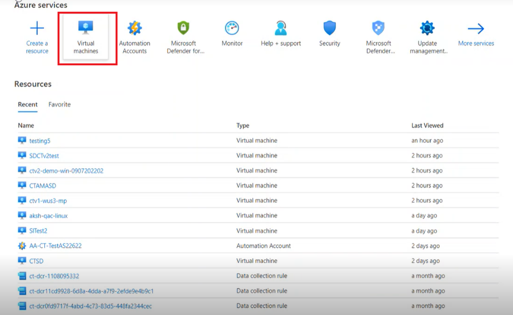 Screenshot showing how to select a VM from the portal.