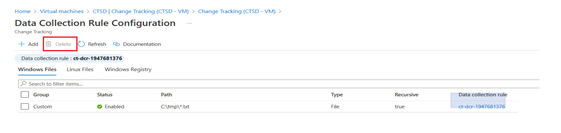 Screenshot that shows selecting a VM to dissociate the DCR from the VM.