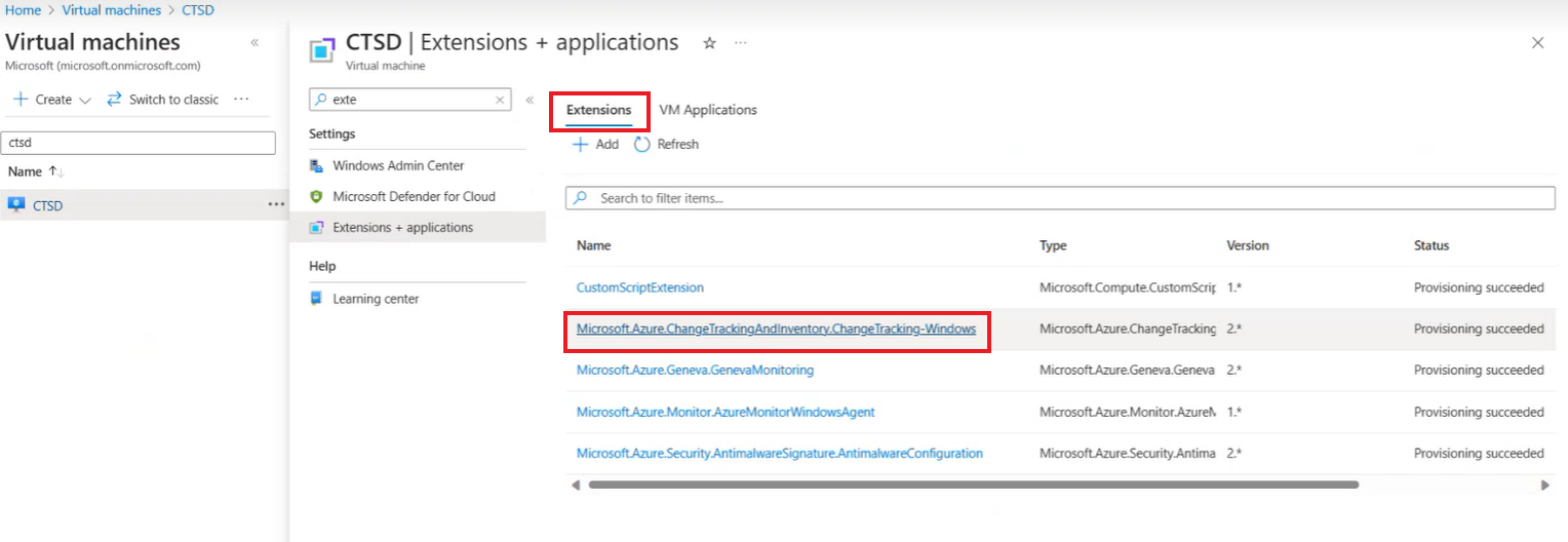 Screenshot that shows selecting the extension for a VM already disassociated from the DCR.