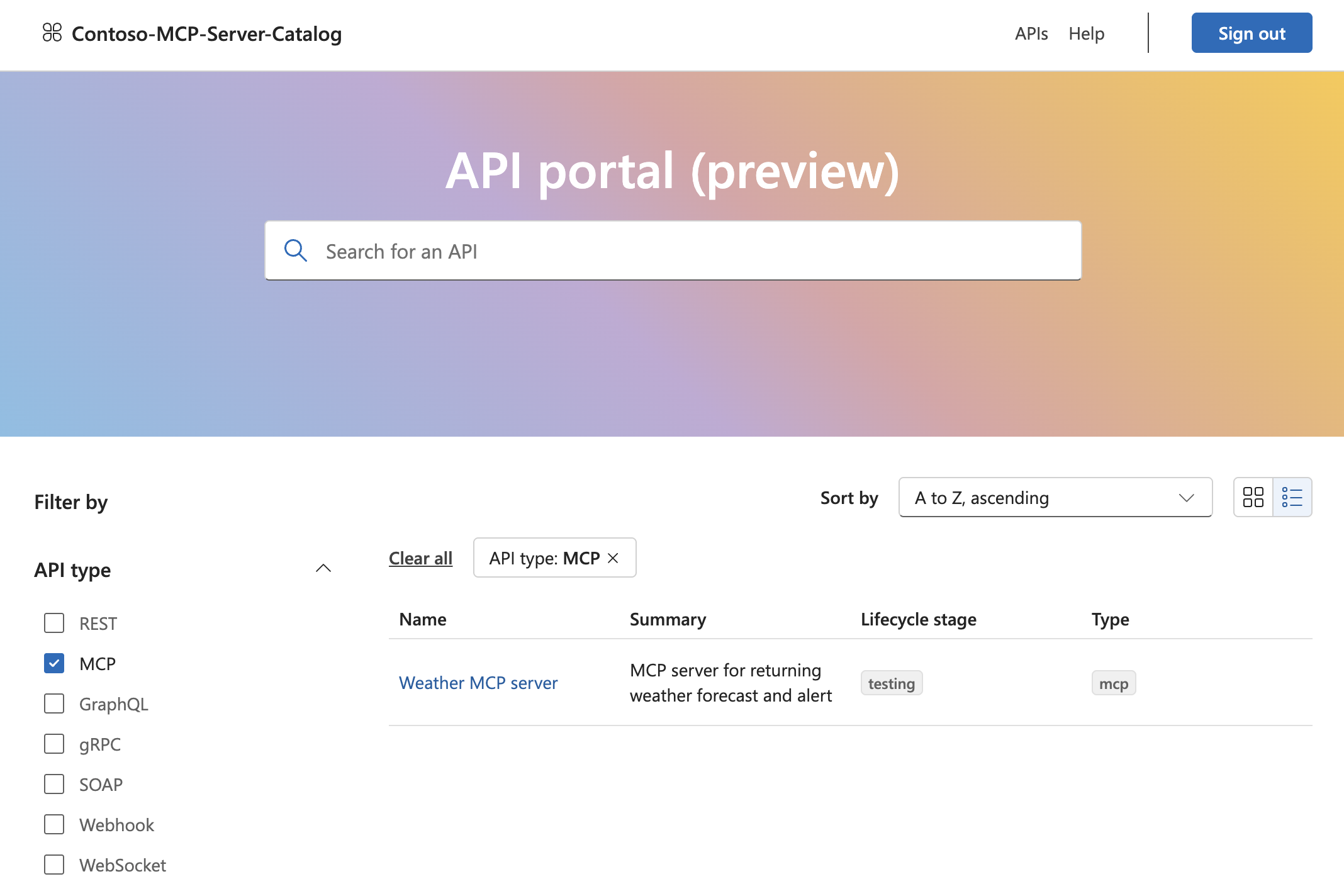 API center portal showing MCP servers