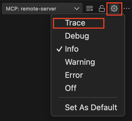Screenshot of the MCP server settings showing the _Trace_ log level being selected. 