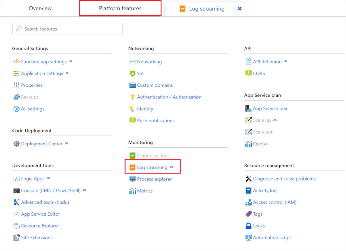 Screenshot showing how to enable streaming logs in the portal.