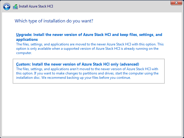 Screenshot of the type selection page of the Install Type Azure Stack HCI wizard.