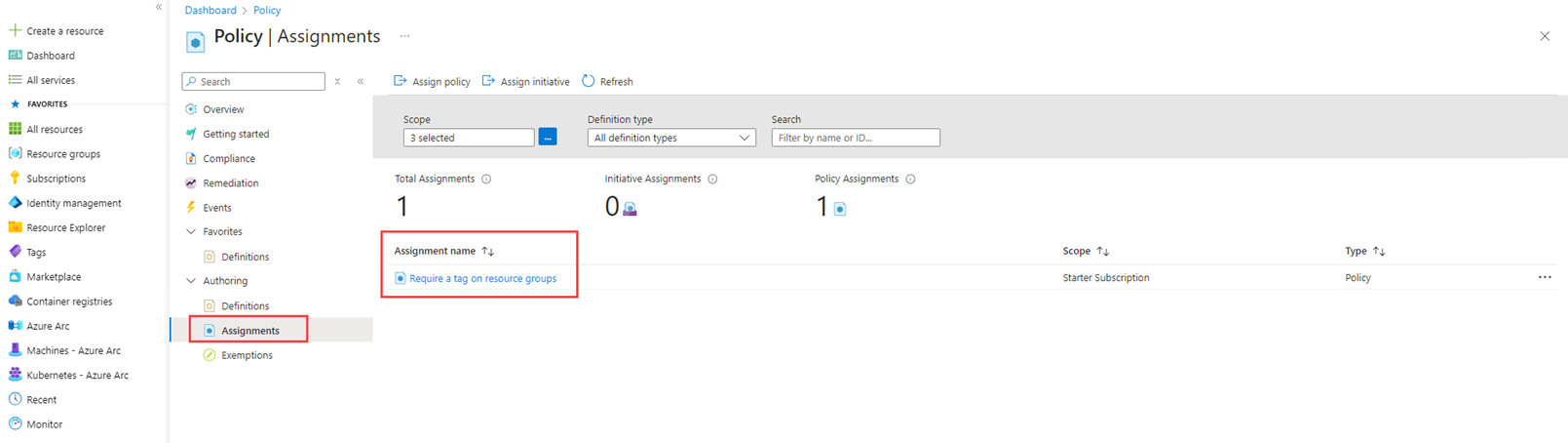 Screenshot of the tag created and required for resource groups.