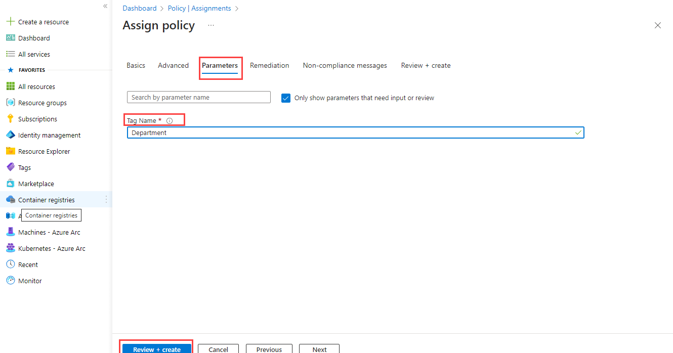 Screenshot of the parameters page to set a tag name.