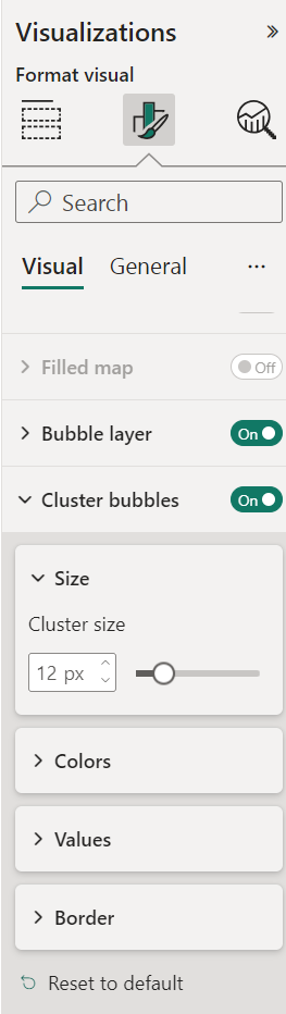 A screenshot showing the format visual options for the cluster bubble layer.