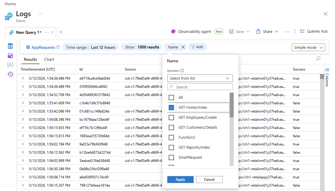 Screenshot that shows query results with multiple filters.