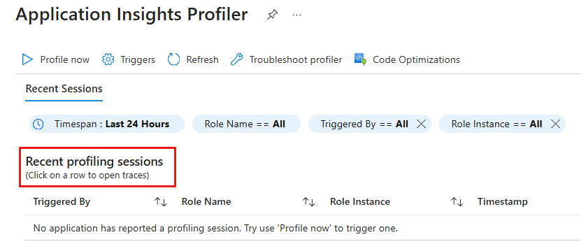 Azure portal screenshot of the Application Insights Profiler page.