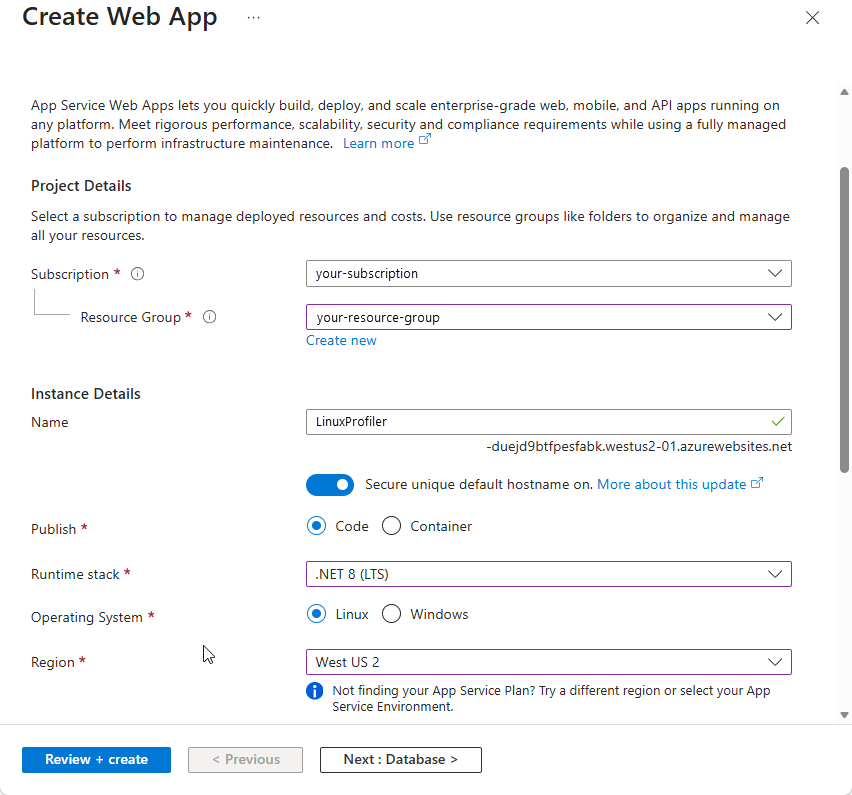 Screenshot that shows creating the Linux web app.