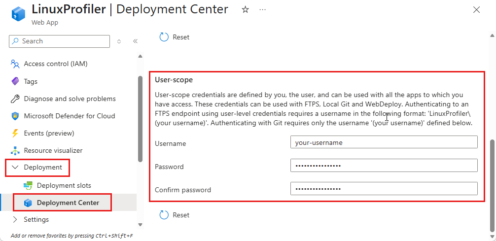 Screenshot that shows creating the deployment credentials.