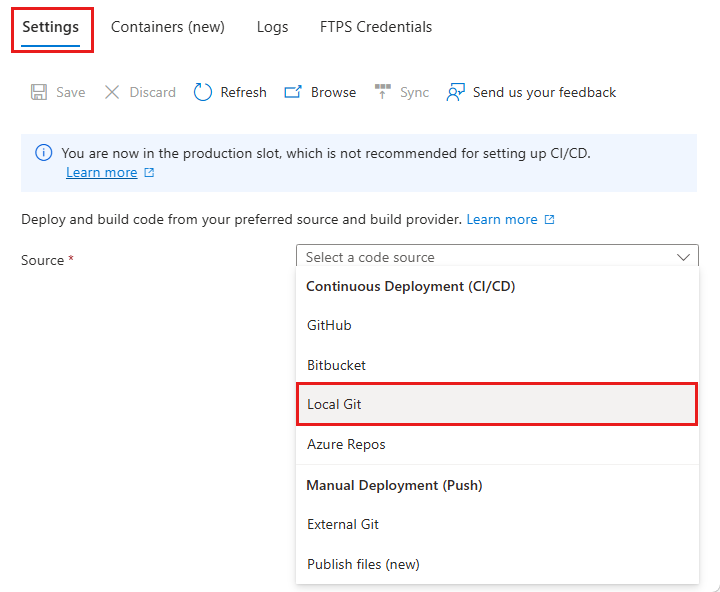Screenshot that shows the deployment options in a dropdown menu.