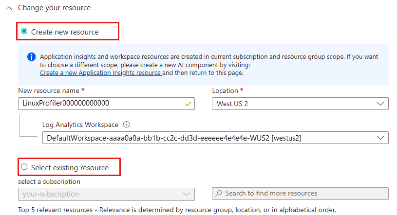 Screenshot that shows linking Application Insights to a new or existing resource.