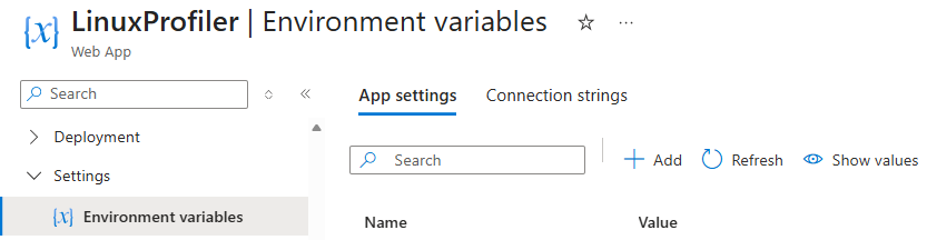 Screenshot that shows adding a new application setting in the Environment variables pane.