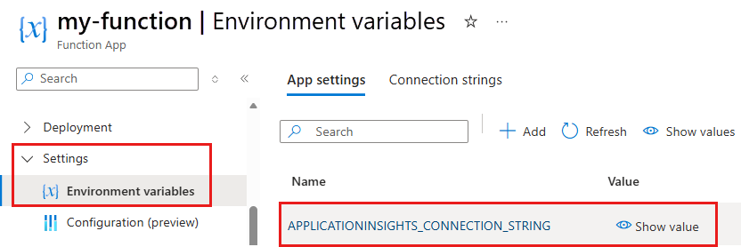 Screenshot showing the Application Insights connection string setting in the list.