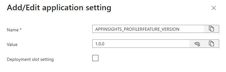 Screenshot adding the Application Insights profiler feature version setting.