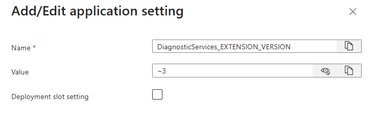 Screenshot adding the diagnostic services extension version setting.