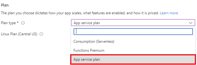 Screenshot of where to select App Service plan from dropdown in Functions app creation.