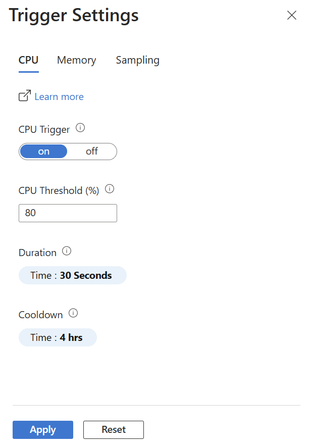 Screenshot that shows the Trigger Settings pane for CPU and Memory triggers.