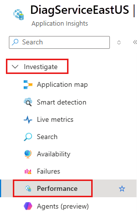 Screenshot that shows the link to open the Performance pane.