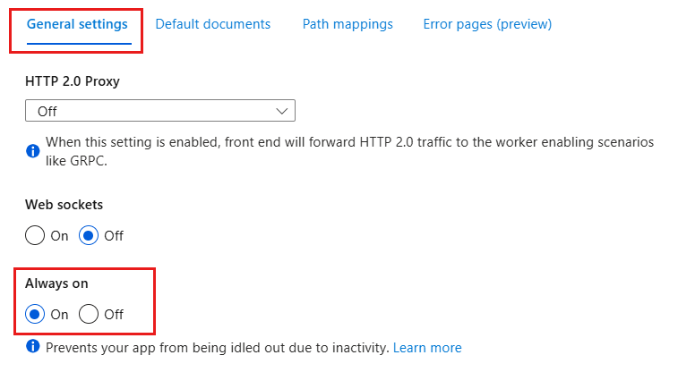 Screenshot that shows the General tab on the Configuration pane showing that Always On is enabled.