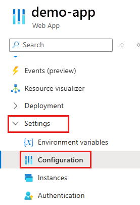 Screenshot that shows selecting Configuration on the left menu.
