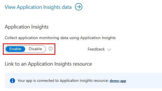 Screenshot that shows enabling Application Insights on your app.