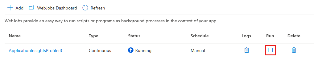 Screenshot that shows selecting stop for stopping the webjob.