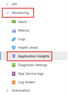 Screenshot showing where to enable Application Insights in App Services.
