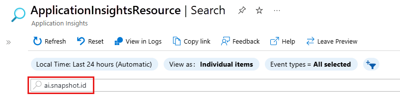 Screenshot showing search for telemetry with a snapshot ID in the Azure portal.