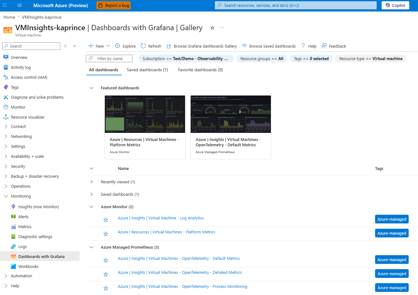Screenshot showing the location of Dashboards with Grafana in the Virtual Machine resource menu.
