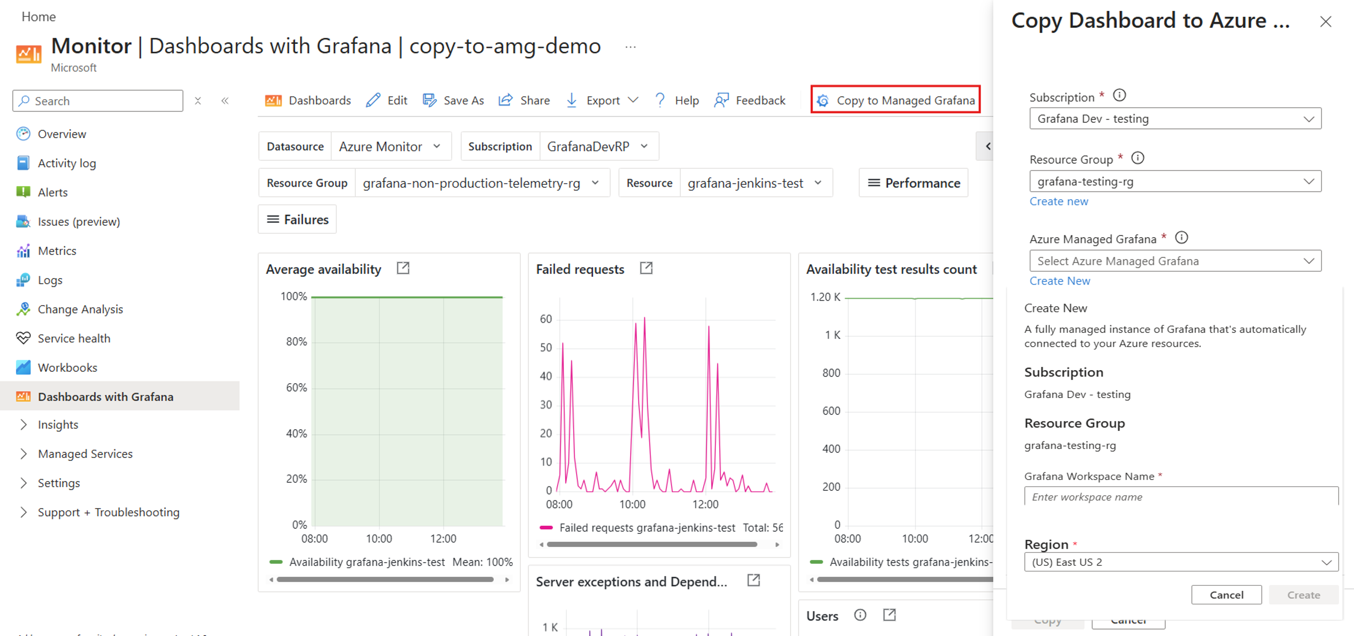 Screenshot of the Create new Azure Managed Grafana workspace pane.