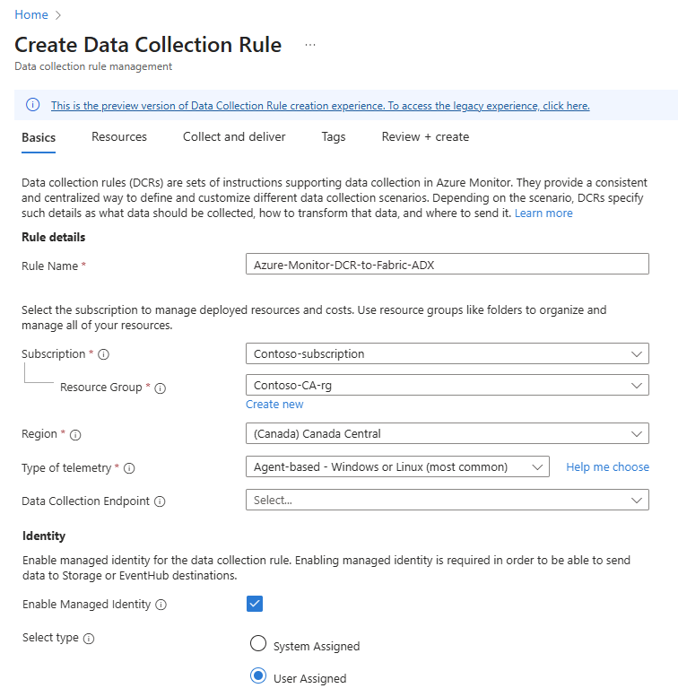 Screenshot showing the agent-based telemetry source and the basics tab for creating a data collection rule.