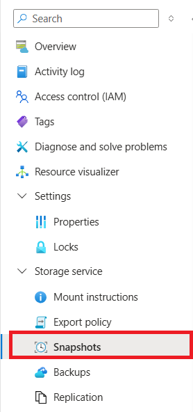 Screenshot that shows how to navigate to the snapshots blade.