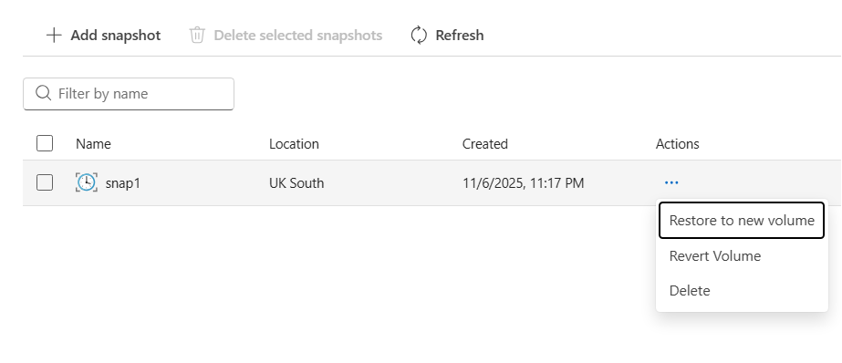 Screenshot showing the options when right-clicking a snapshot.