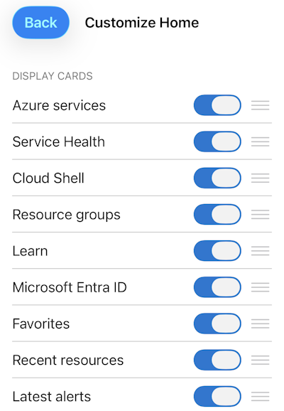 Screenshot showing the customization screen for the Azure mobile app Home screen.
