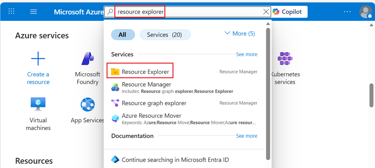 Screenshot of selecting All services in the Azure portal to access Azure Resource Explorer.