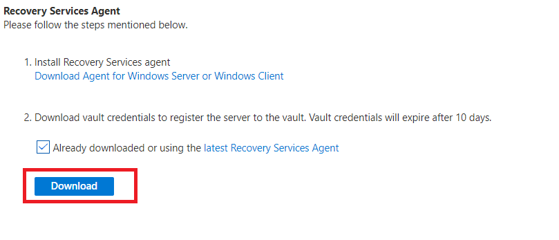 Screenshot that shows how to download vault credentials to register the server in the vault.