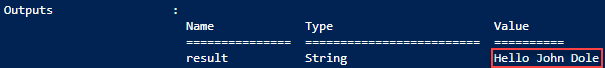 Screenshot of Azure Resource Manager template deployment script output, **hello world**.