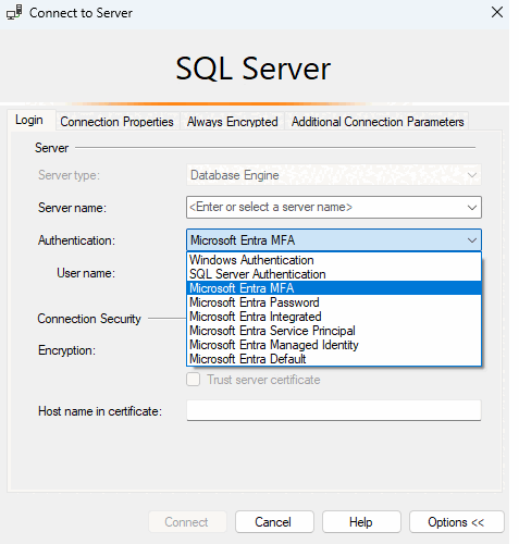 Screenshot of the Connect to Server dialog in SSMS. 'Microsoft Entra MFA' is selected from the authentication dropdown list.
