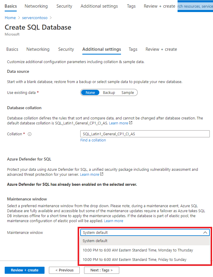Screenshot from the Azure portal showing the Create SQL Database wizard. The additional settings tab is open, and the Maintenance window dropdown list is boxed in red.