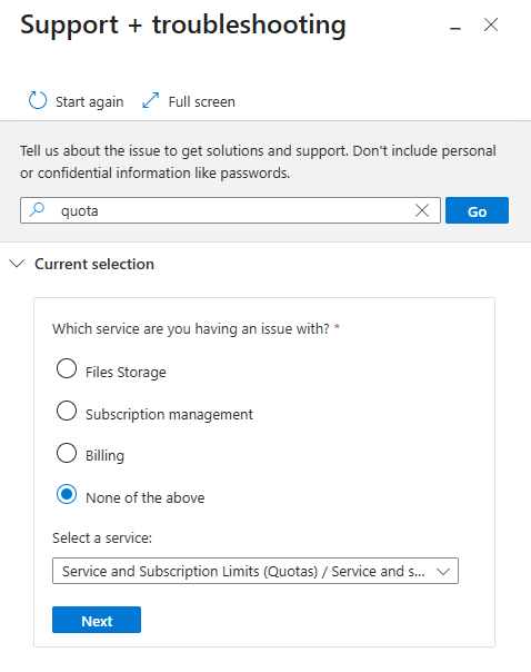 Screenshot from the Azure portal showing the Support + troubleshooting pane. Search for quota, select None of the above, and then choose Databases / SQL Database or Databases / SQL Managed Instance.