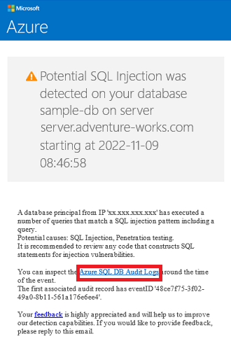 Screenshot of a sample email from Azure, indicating a Potential SQL Injection Threat detection. A link in the body of the email to Azure SQL Database Audit Logs is highlighted.