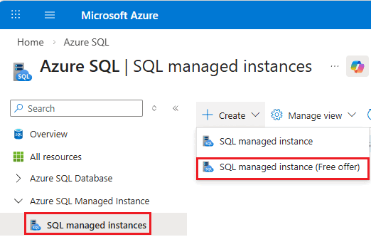 Screenshot of the Create SQL managed instance dropdown list with the free offer highlighted.
