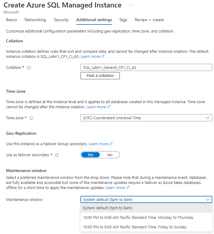 Screenshot from the Azure portal. On the Additional settings tab of the Create Azure SQL Managed Instance page, the Maintenance window dropdown list is open.