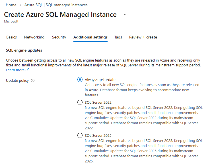 Screenshot of the Create Azure SQL Managed Instance page of the Azure portal with update policy selected.