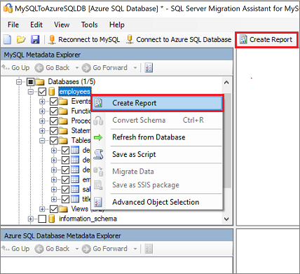 Screenshot of the 'Create Report' links in SSMA for MySQL.